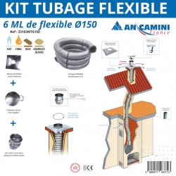 Kit tubage flexible inox Ø150 – 6 mètres – avec plaque de finition, chapeau chinois et raccord