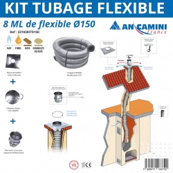 Kit tubage flexible inox Ø150 – 8 mètres – avec plaque de finition, chapeau chinois et raccord
