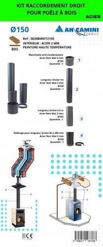 Kit de raccordement droit pour poêle à bois – acier noir 2 mm Ø150 – avec manchette, longueurs droites et rallonge ajustable