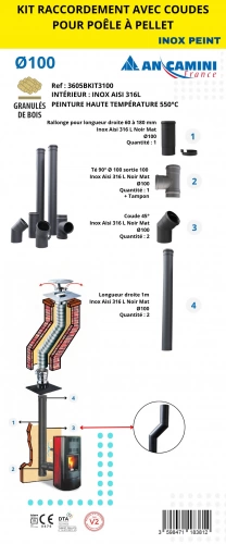 Kit de raccordement avec coudes pour poêle à pellets – inox AISI 316L peint noir – Ø100 – avec rallonge, té 90° et coudes 45°