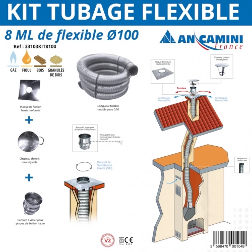 Kit tubage flexible Ø100 – 8 mètres – double peau inox – avec plaque de finition, chapeau chinois et raccord